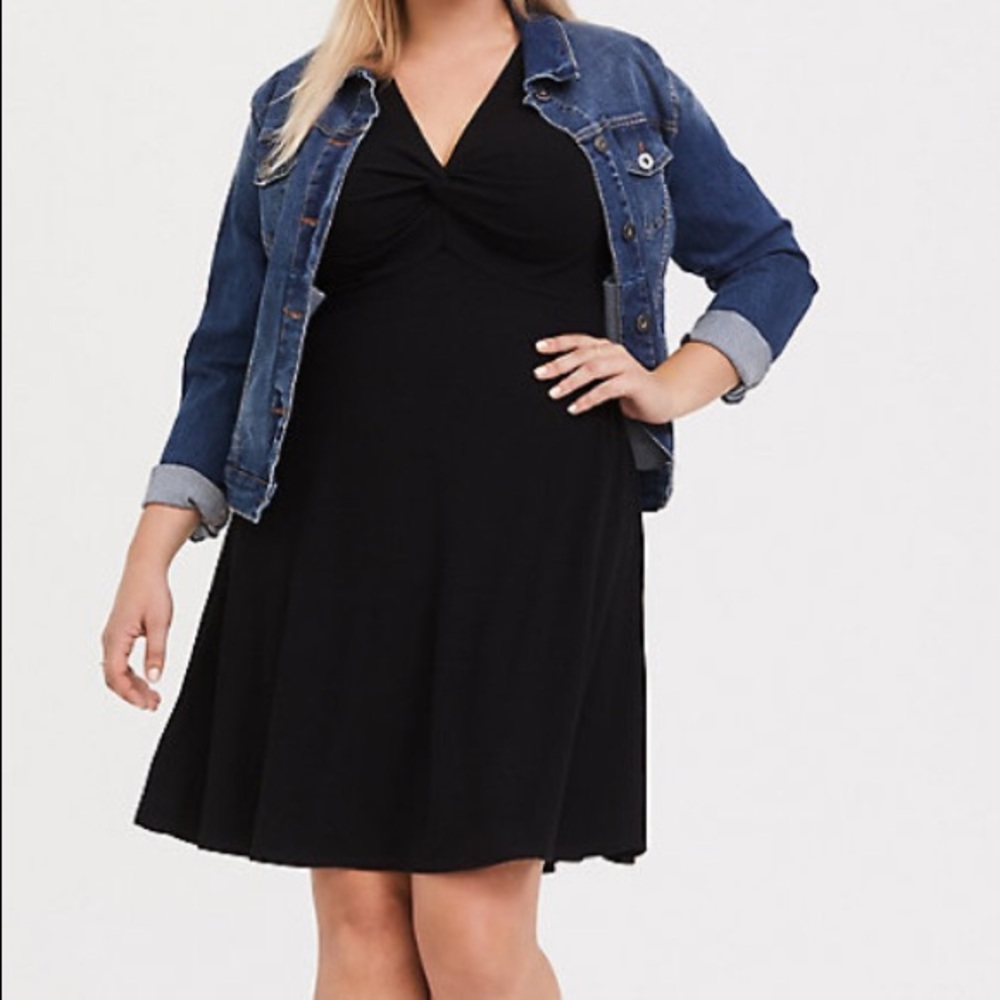 Black Rib Twist Front Skater Dress